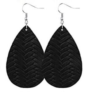 New Boutique Lightweight Braided Faux Leather Black Teardrop Hook Earrings